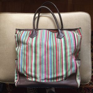 Colorful Stripped Canvas and Leather Tote Bag